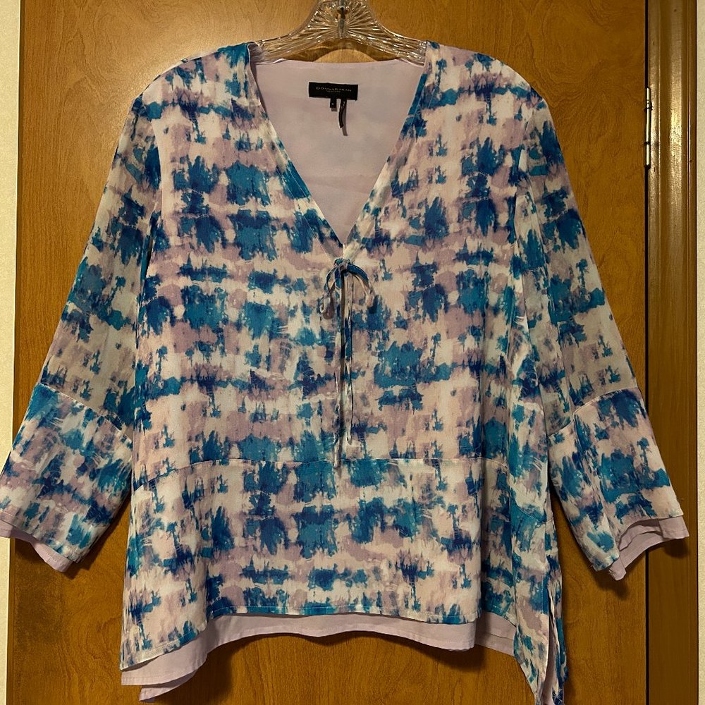 DONNA KARAN New York Sz M Lavender & Blue Watercolor Sea 3/4 Sleeve Layered Top